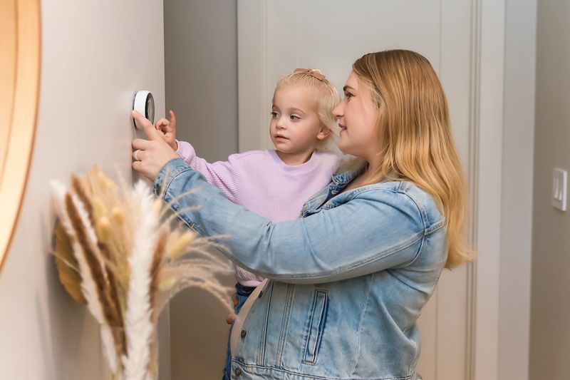 Mom showing daughter how to work thermostat
