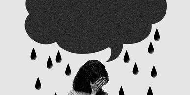woman standing in cartoon rain with a thought bubble and rain while covering her face