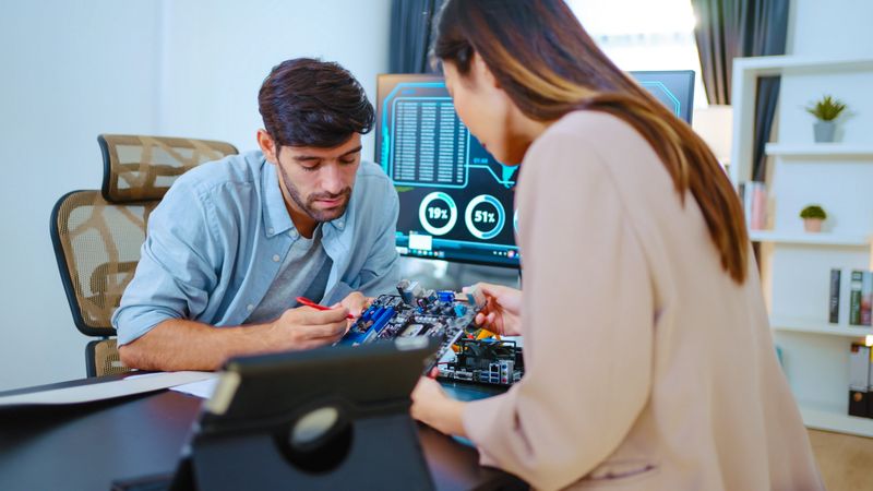 Young Man and Woman Engineers Create Models Using 3D Printer.