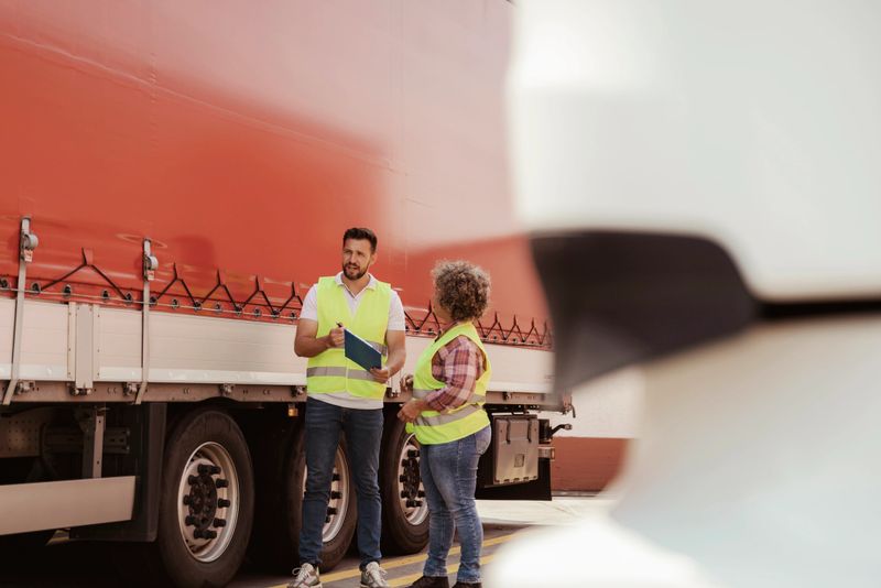 Two Professional Truck Drivers Talk and Perform a Technical Inspection of the Vehicle Before Next Drive. Professional Transportation Concept.
