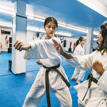 Two girls practicing karate punches in a dojo with brown belts.