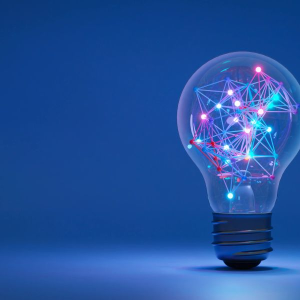 Light bulb with colorful connected nodes inside on a blue background.