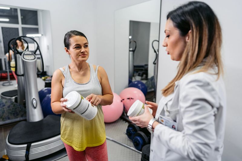 Female nutritionist giving supplements and vitamins to her female client  in the gym. Using measuring tape.