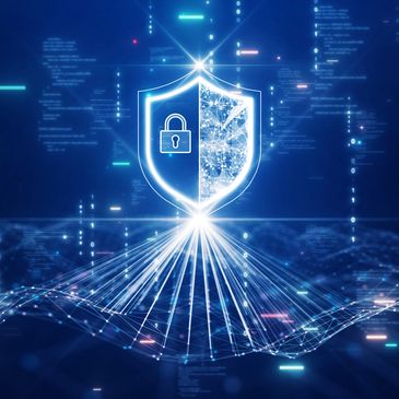 Digital shield with lock symbolizing cybersecurity and data protection.