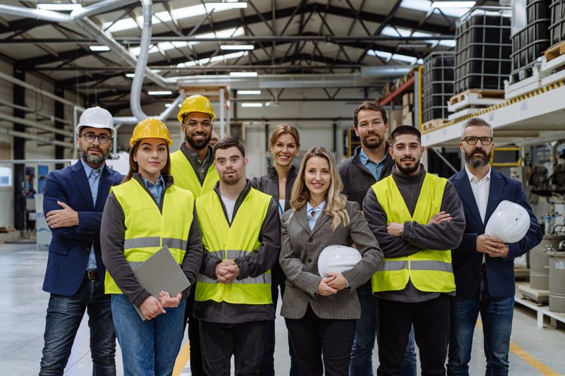 Full team of warehouse employees standing in warehouse. Team of workers, managers and female director, and worker with down syndrome in modern industrial factory, heavy industry, manufactrury. Group portrait.