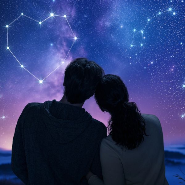 Couple gazing at heart-shaped constellation in a starry night sky.