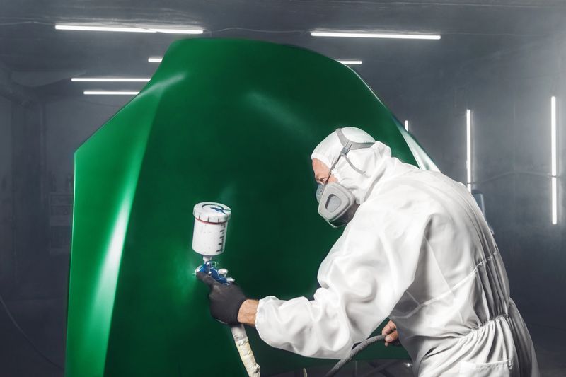 Worker paints car body part in workshop chamber using airbrush. Man using spray gun during auto painting. Elimination of dents and scratches after accident, comprehensive automobile restoration.