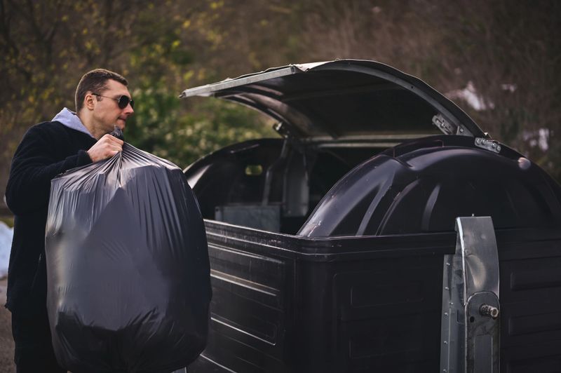 man puts recycle trash in bin.