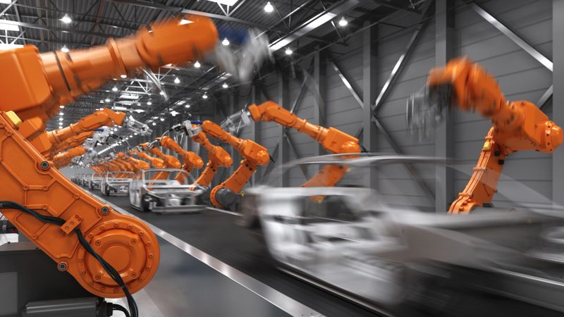 Industrial welding robots in motion at the automated car manufacturing factory assembly line.