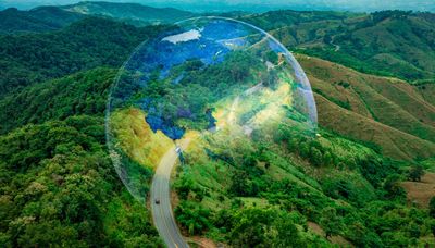 Transparent Earth over road through forest