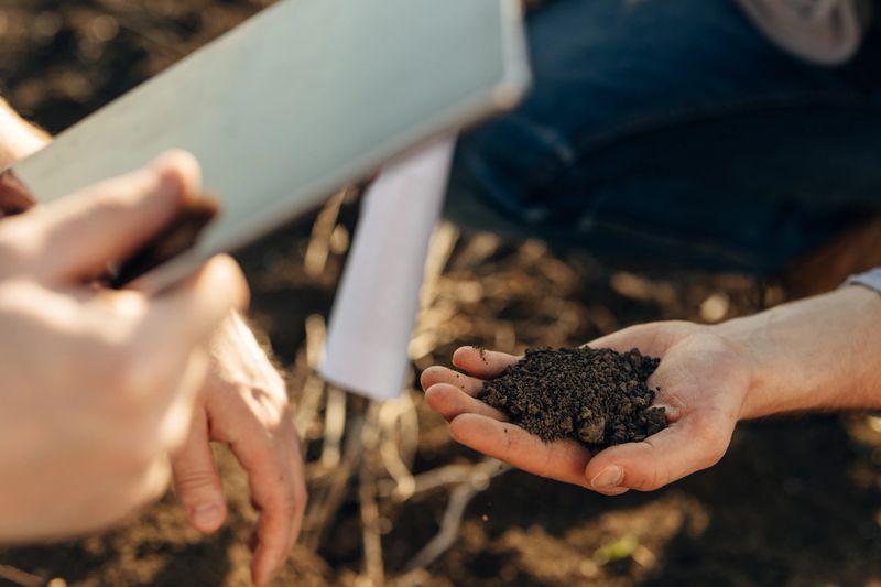 Closeup view of male hands holding soil for fertility examination.