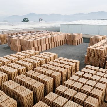 Large stacks of wooden pallets arranged in an outdoor industrial area.