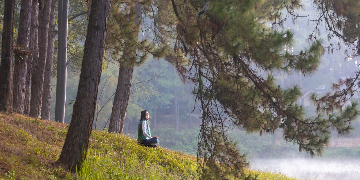 A woman meditating in the woods, practicing the DBT mindfulness skills
