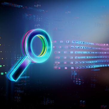 Glowing neon magnifying glass symbolizing digital search and analysis.
