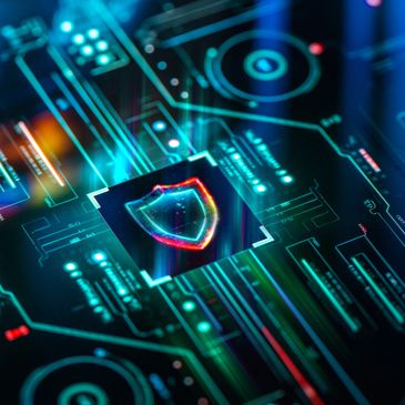 Futuristic digital shield symbol on a glowing circuit board representing cybersecurity.