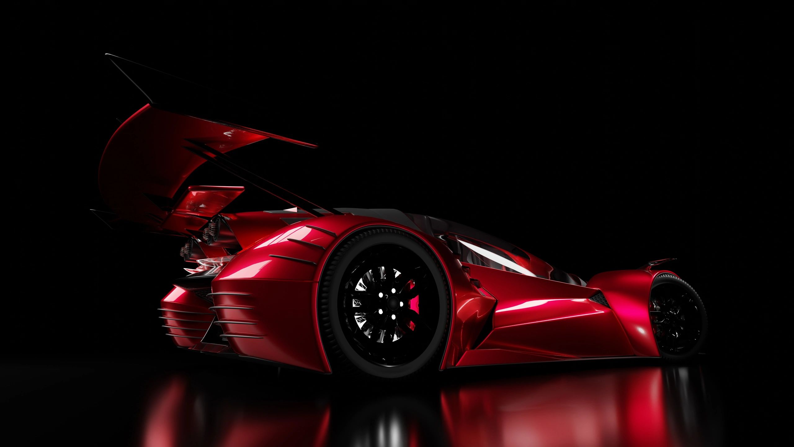 Futuristic red sports car with sleek design and large rear wing.