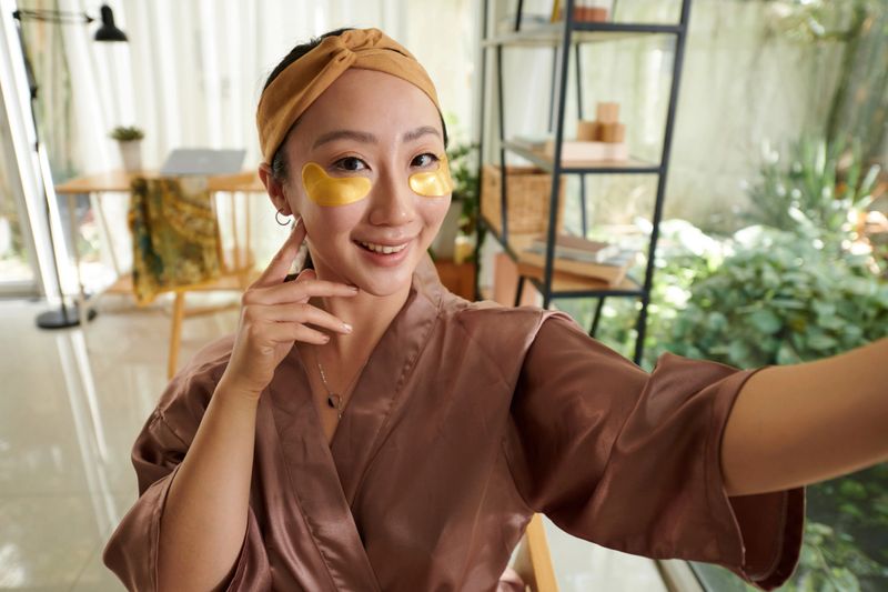 Smiling young woman in silk robe taking selfie after applying undereye patches