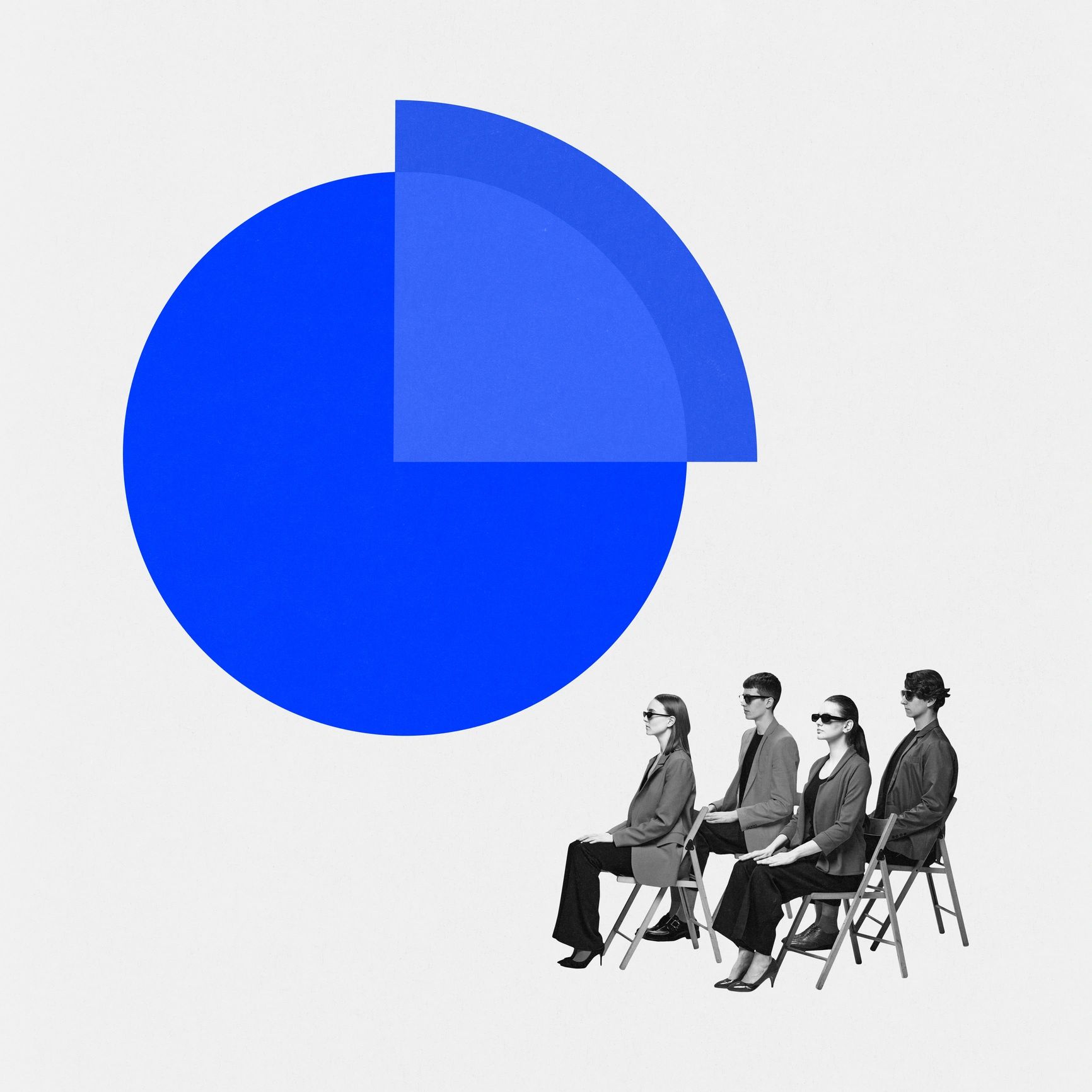 Four people sitting in a row with abstract blue shapes behind them.