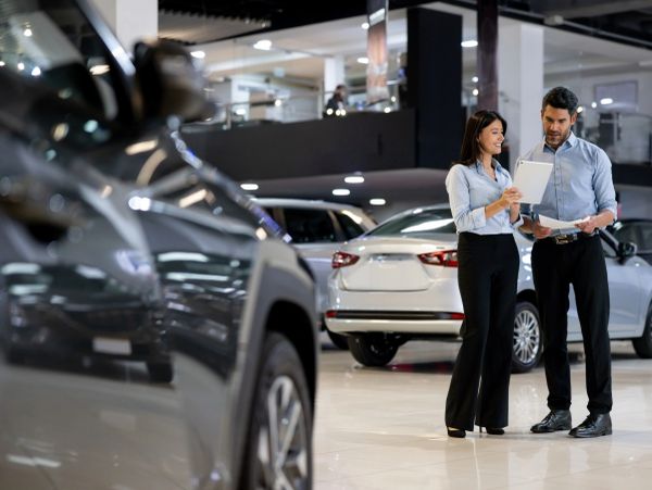 Two people discussing papers in a car showroom.