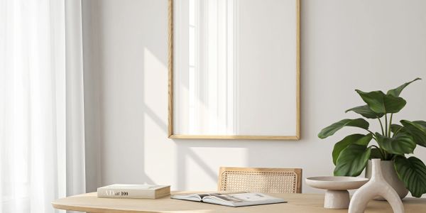 Minimalist workspace with wooden table, chair, and green plant under a blank framed wall art.