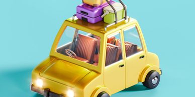 A small yellow car with luggage on the roof against a blue background.