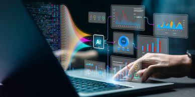 AI processing data streams into interactive analytics on a laptop.