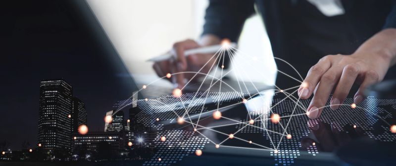 Digital technology, internet network connection, global business concept. Woman using modern computer surfing the internet, data exchange, digital marleting, innovative technology background.