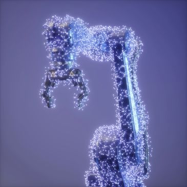 Robotic arm decorated with glowing lights.