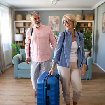 Happy elderly couple with luggage in living room.