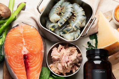 Seafood and vitamin supplements for health.