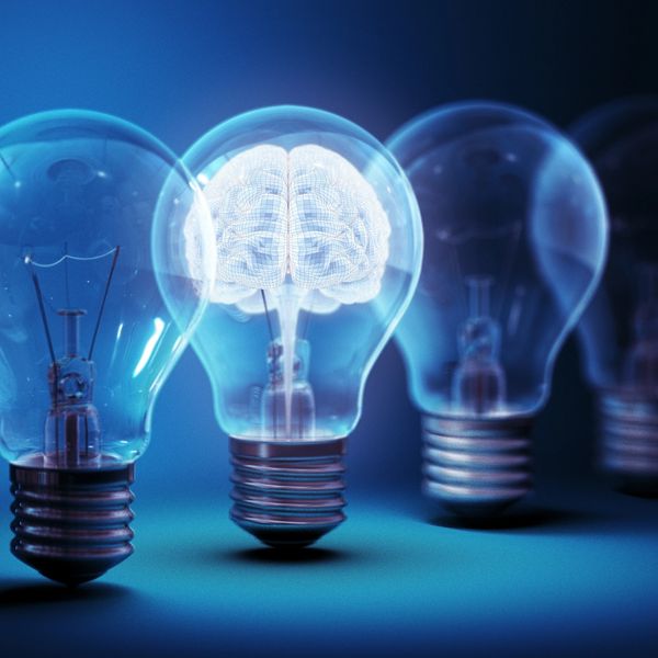 Light bulbs in a row with a glowing brain inside one bulb.