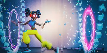 A futuristic character jumps through glowing digital portals with vibrant colors.