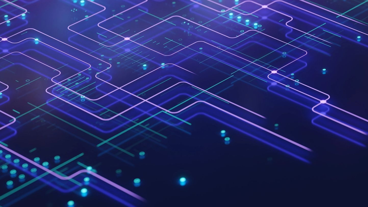 Abstract digital circuit lines glowing in blue and purple on a dark background.