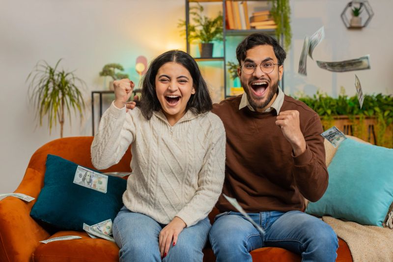 Excited young Indian couple with rising hands fists shouting, celebrating success winning lottery jackpot goal achievement, good news victory. Money cash dollar rain falling on family on sofa at home.