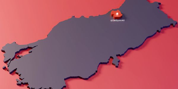 3D map highlighting Gümüşhane province in Turkey with red and gray colors.