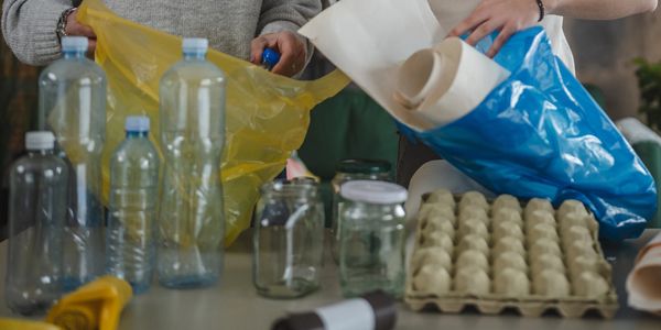 Two people sorting recyclables into colored bags indoors.