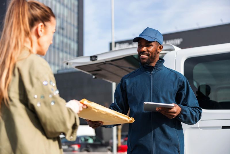 A smiling delivery driver in uniform hands over a package to a customer during a daytime delivery in an urban setting in Ljubljana, Slovenia