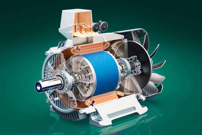 Cross section of industrial electric motor on backdrop, 3D rendering