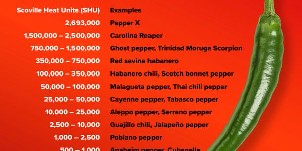 Scoville Scale chart showing heat levels of various chili peppers with a green chili pepper image.