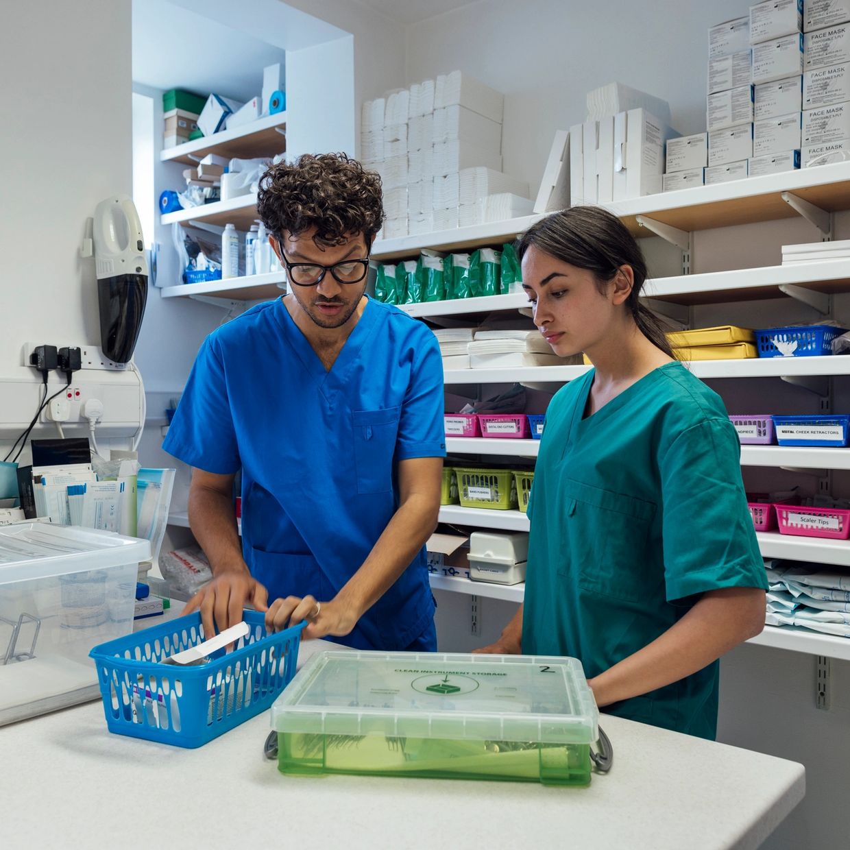 Two medical professionals organizing supplies in a clinical storage room.