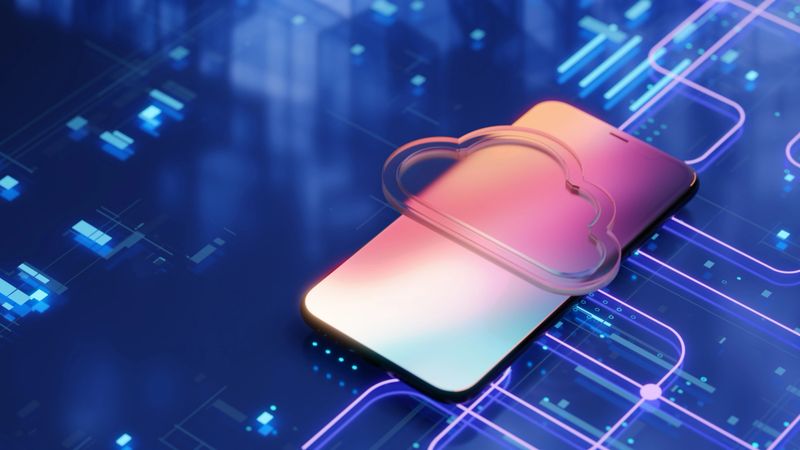 Cloud service for mobile devices concept. Transparent cloud symbol on the smartphone with soft colourful gradient on the screen. Digital background with glowing abstract lines and particles