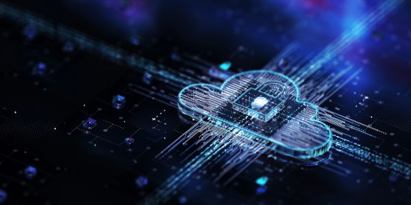 Digital cloud with padlock symbolizing secure cloud computing.