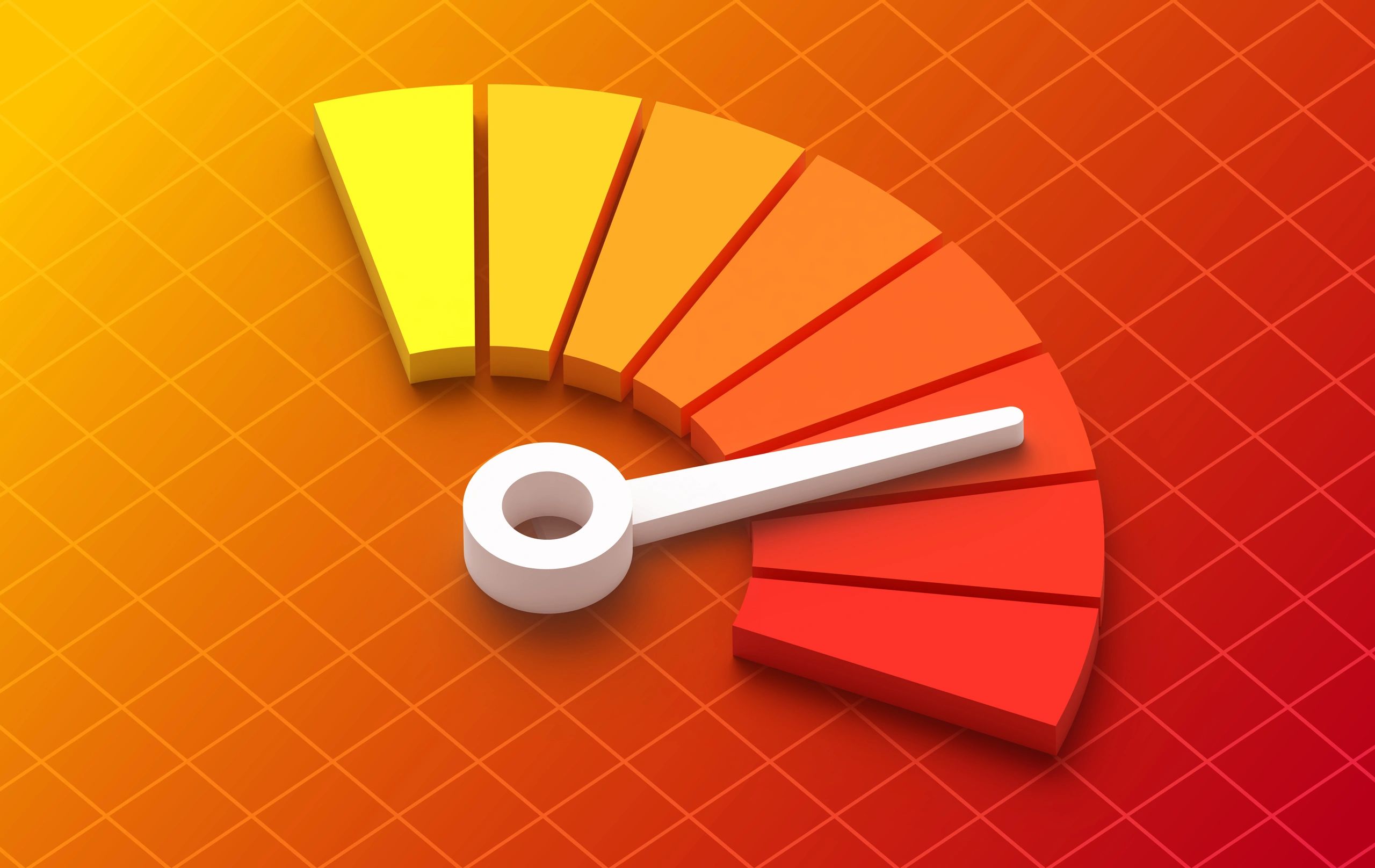 3D speedometer gauge showing high performance in red and orange tones.