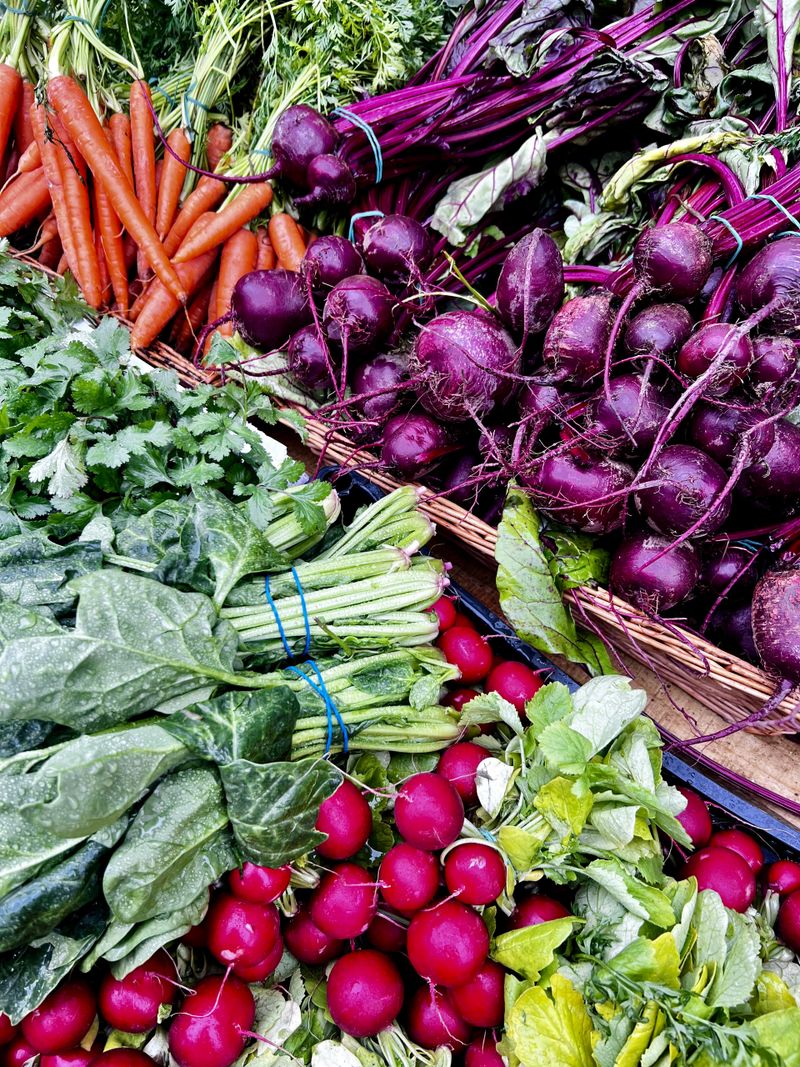 Farmers market with colourful fresh vegetables for sale