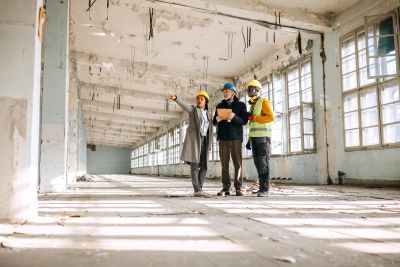 Three construction workers inspect a large, empty building interior.