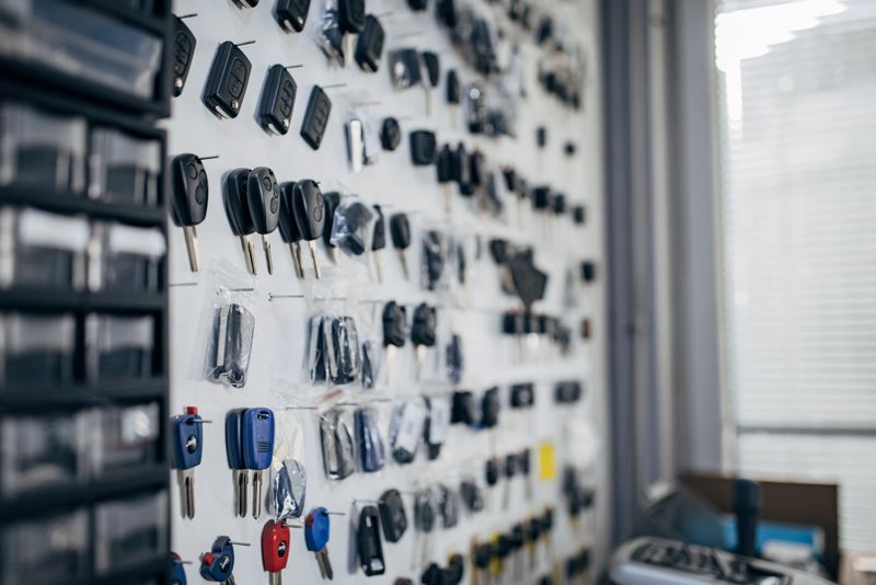 Retail display of blank keys hanging on wall at locksmith workshop.
