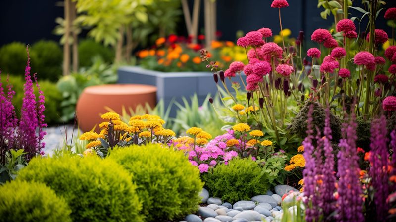 a modern garden with a lot of colourful flowers and plants