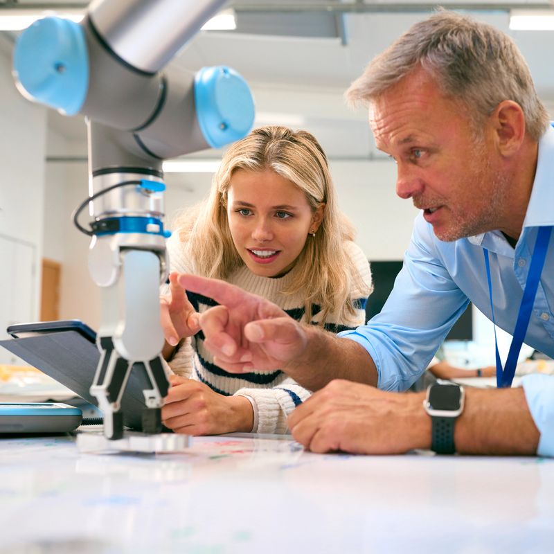 Male Tutor And Female College Or University Engineering Student In Robotics Class Studying Robot Arm
