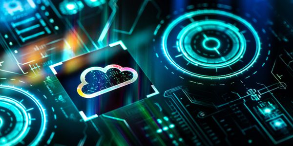 Futuristic digital cloud computing interface with neon blue and green holographic elements.