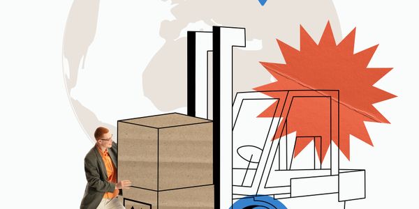Man pushing large boxes on a forklift with global location markers in background.